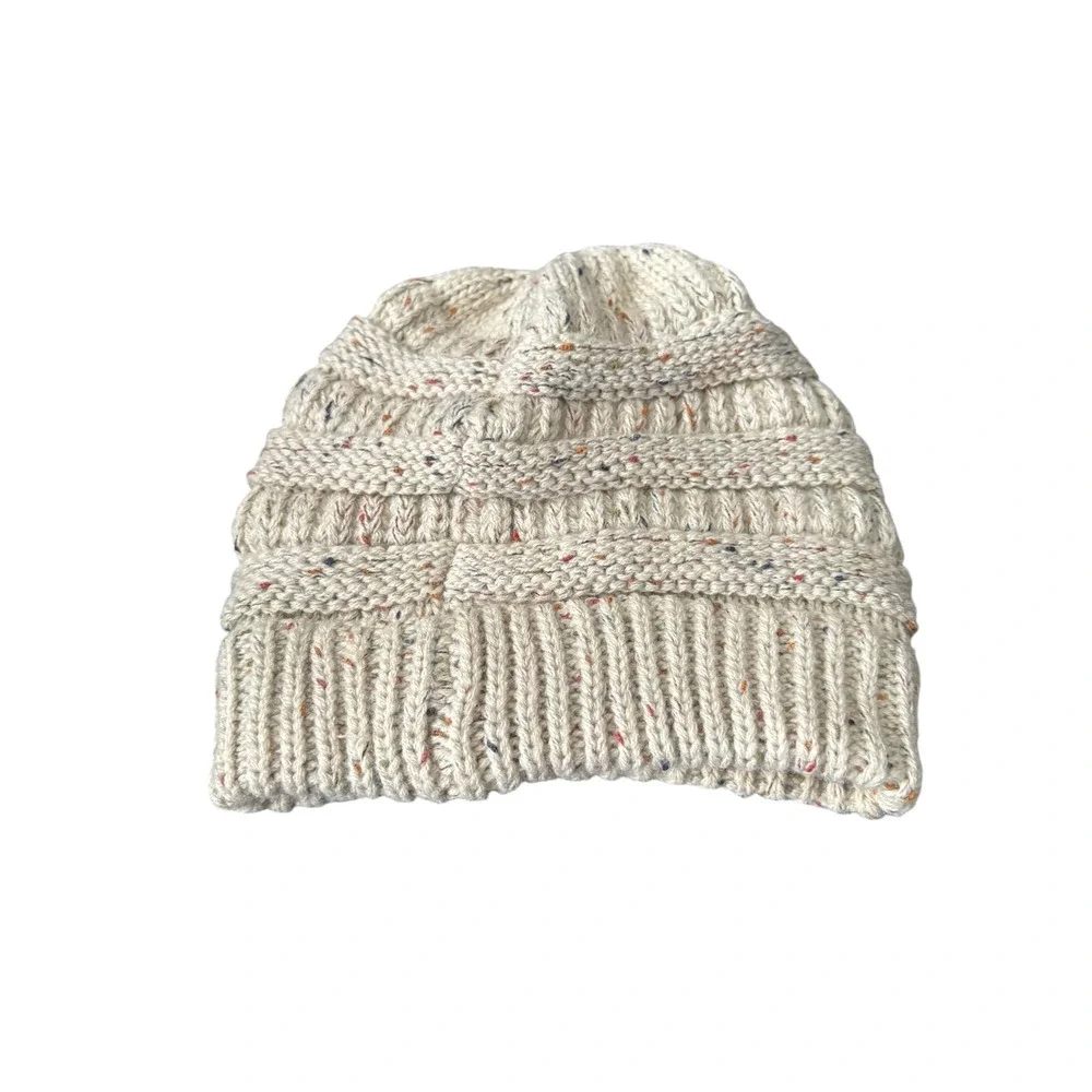 C.C Knit Beanie Hat Cream Speckled Chunky Cable Slouchy Womens Winter - Picture 2 of 8